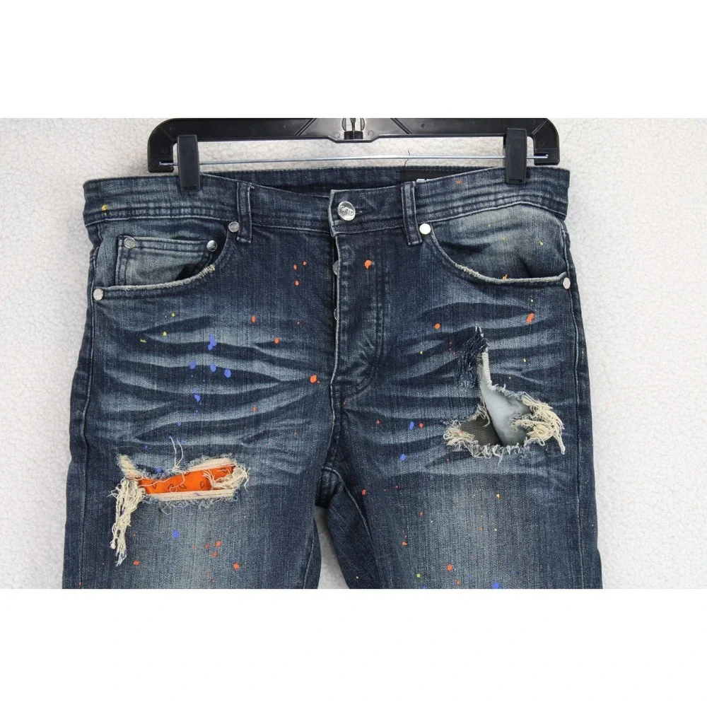 GFTD Los Angeles Distressed‎ Slim Jeans Mens 32 Blue Paint Splatter Streetwear